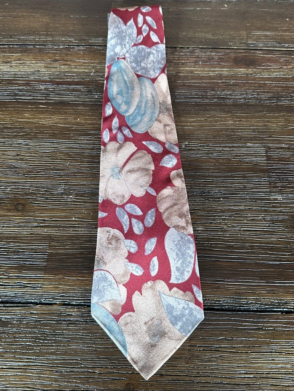 Karl Lagerfeld Red Silk Tie with Blue and Beige Floral Motif